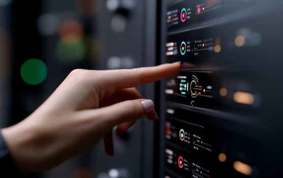 Female hand interacting with futuristic digital interface in data center environment.