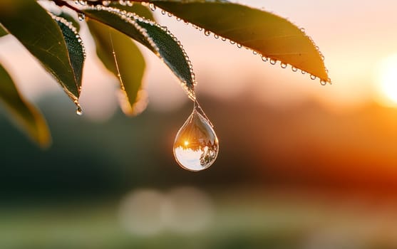 Dew drop reflecting sunrise on leaf with sparkling water drops.