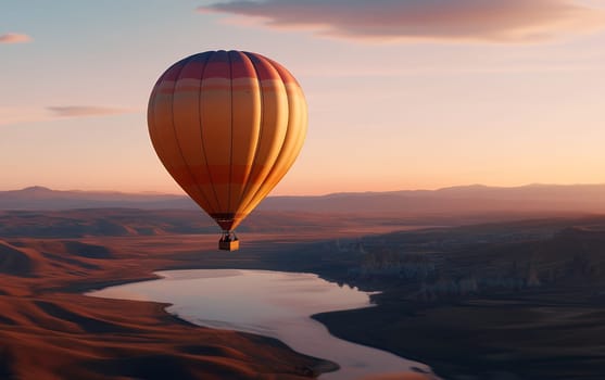 Hot air balloon soaring over serene landscape at sunrise.