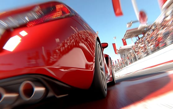 Thrilling race track scene with speeding red sports car and cheering crowd.