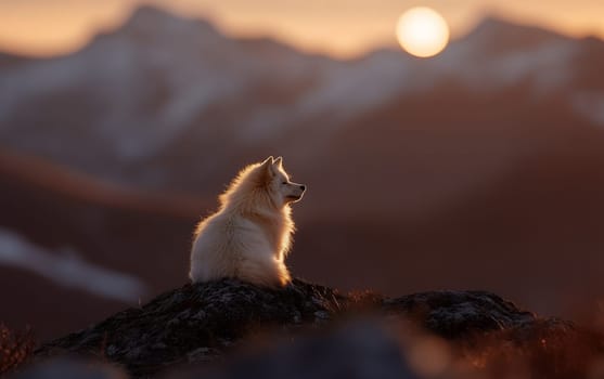 Fluffy white dog sitting on rocky mountain during sunset.