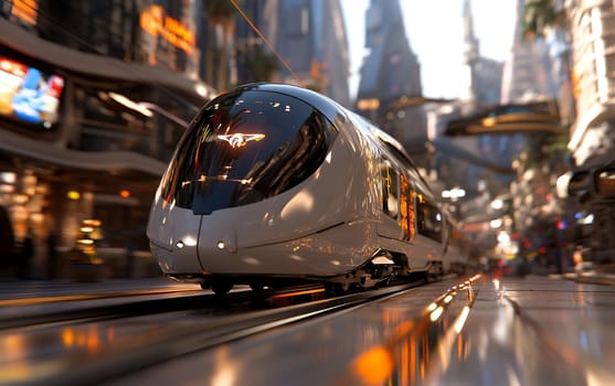 Futuristic high-speed train in vibrant urban setting with sleek design.