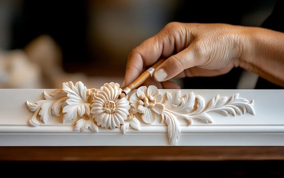 Intricate hand-carved floral design on wooden frame by craftsperson.