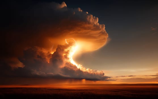 Dramatic lightning storm at sunset over vast prairie landscape.