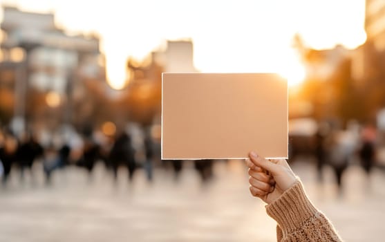 Hand holding blank sign card against blurred city sunset background.