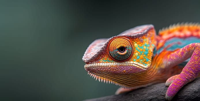 Vibrantly colored chameleon close-up on a tree branch.