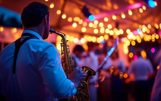 Male musician playing saxophone at a vibrant night party celebration.