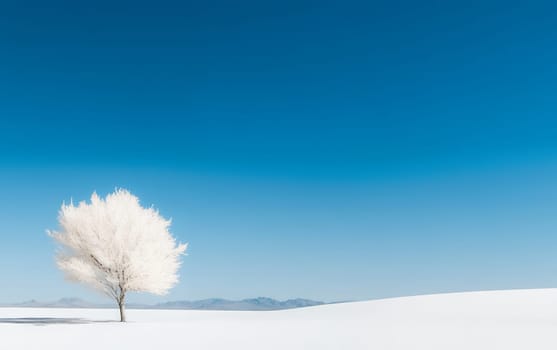 Solitary tree in snowy landscape under clear blue sky.