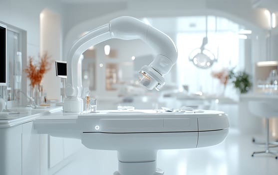Advanced robotic surgical room with modern medical equipment in a bright hospital.
