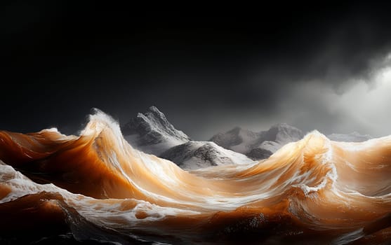 Majestic chocolate waves crash against snowy mountains under a stormy sky.