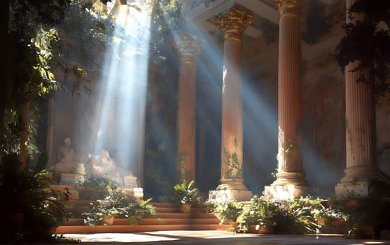Sunlit ancient roman atrium with marble columns and lush greenery.