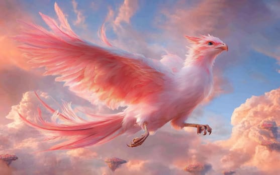 Majestic pink phoenix soaring amongst cotton candy clouds.