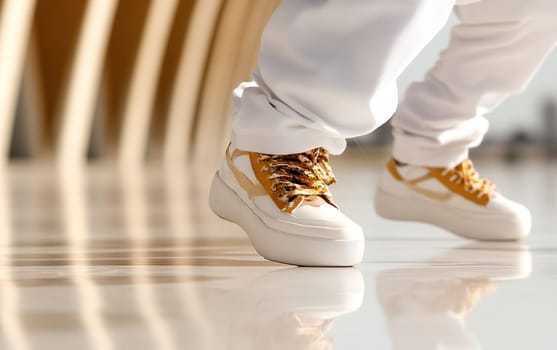 Stylish sneakers on caucasian male teen in motion against modern background.