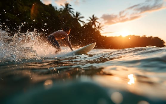 Young male surfer riding waves at sunset near tropical beach.