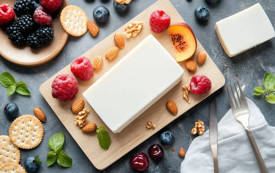 Cheese with fresh berries, nuts, crackers, and basil on a wooden board.