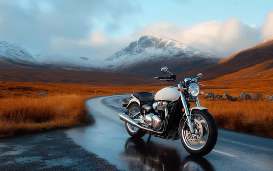 Classic motorcycle on scenic mountain road with snowy peaks and autumn landscape.