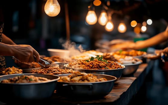 Delicious street food at night market with warm lighting and diverse dishes.