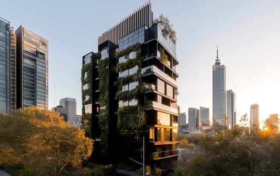 Modern eco-friendly building with vertical greenery in urban skyline at sunset.