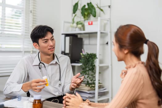 A healthcare professional engages with a patient, explaining medication options and fostering an open dialogue about health concerns in a comforting environment.