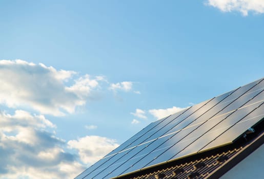 Solar panels on the roof of the house. Selective focus. nature.