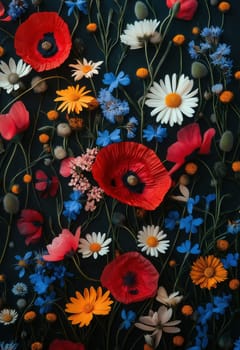 Summer wild flowers on a dark background. Selective focus.