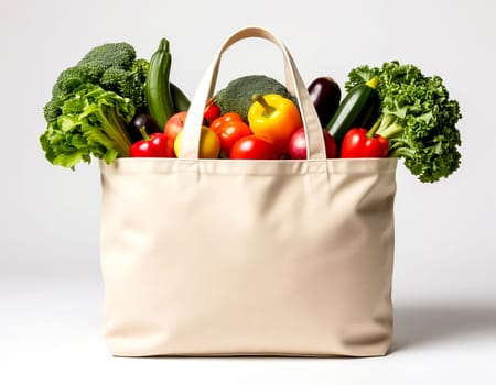 Overflowing shopping ecofriendly bag filled with fresh vegetables and fruits. Healthy eating and grocery shopping. AI generated.