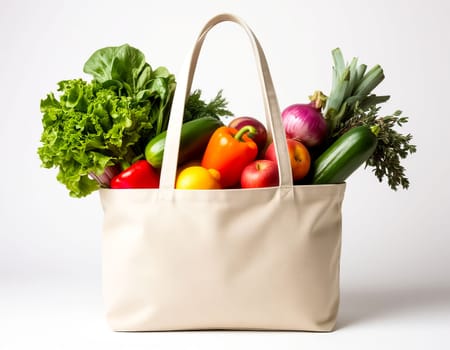 Overflowing shopping ecofriendly bag filled with fresh vegetables and fruits. Healthy eating and grocery shopping. AI generated.