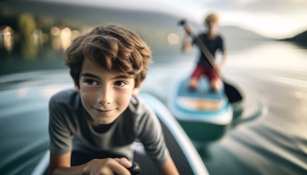 Early in the morning, a boy takes the lead on his paddleboard, with crystal clear waters reflecting the rising sun and mountains in the background.