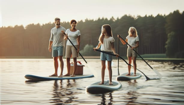 A charming young girl beams with happiness by the lake, capturing the essence of a carefree day as others enjoy paddleboarding in the calm embrace of nature.