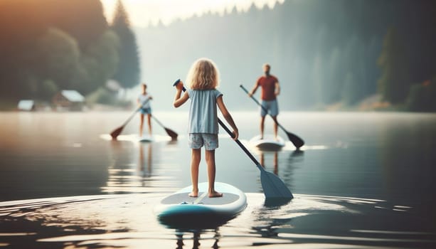 A charming young girl beams with happiness by the lake, capturing the essence of a carefree day as others enjoy paddleboarding in the calm embrace of nature.