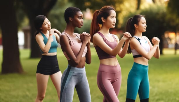 Under the canopy of a lush park, a diverse group of women finds strength and solidarity through a shared commitment to health and wellness, standing shoulder to shoulder in athletic wear.