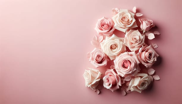 Cascading gently across the pink canvas, these roses in harmonious hues evoke a sense of peace and romance, their petals unfolding in a symphony of soft color.