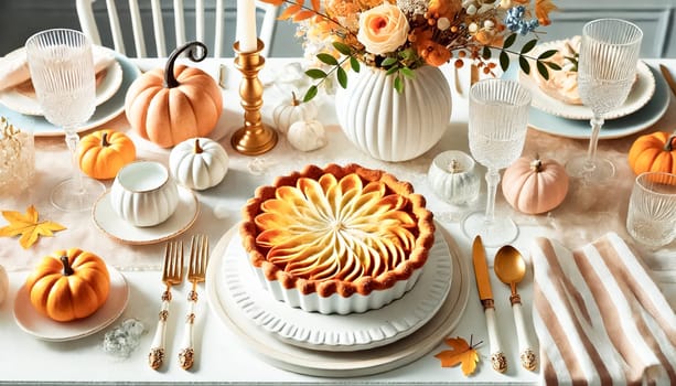 A bright and stylish Thanksgiving table featuring a beautifully crafted pumpkin pie as the centerpiece. The table has airy design elements like white and pastel-colored tableware, delicate autumn decorations, and elegant glassware. Fresh and sophisticated, this setting is perfect for a festive holiday meal with family and friends.