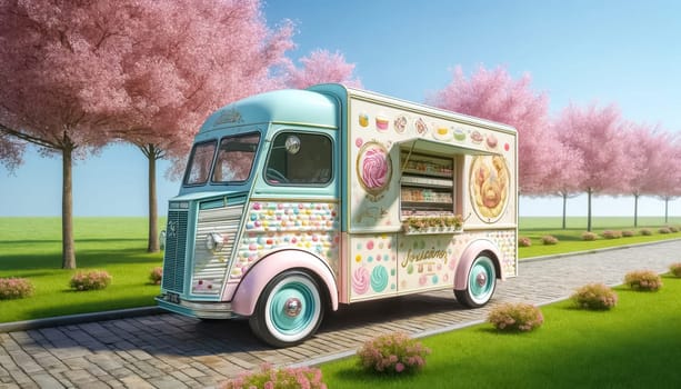 Nestled in a blooming spring meadow, a charming pastel dessert food truck presents a variety of delectable pastries and treats beside whimsical pink trees.