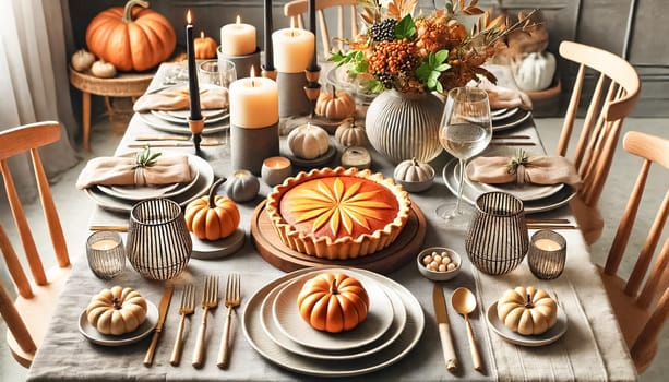 A contemporary Thanksgiving table showcases a beautifully crafted pumpkin pie as the centerpiece. Modern design elements like geometric candle holders, elegant tableware, and chic autumn decorations adorn the table. Muted tones and stylish accents create a sophisticated holiday meal setting.