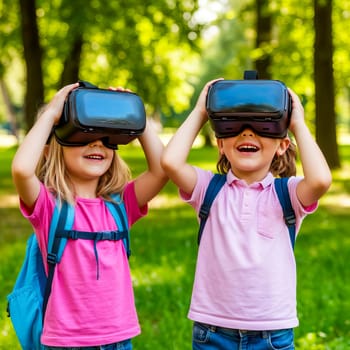Children are enjoying a virtual reality experience outdoors, wearing VR headsets in a sunny park setting. AI generated.