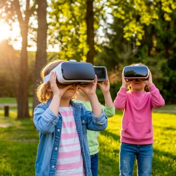 Children are enjoying a virtual reality experience outdoors, wearing VR headsets in a sunny park setting. AI generated.