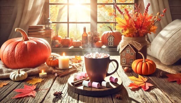 Warm cup of hot chocolate with marshmallows on a rustic wooden table, captured from various angles. Surrounded by autumn leaves, pumpkins, and cozy decorations, the scene is set in a bright and airy environment.
