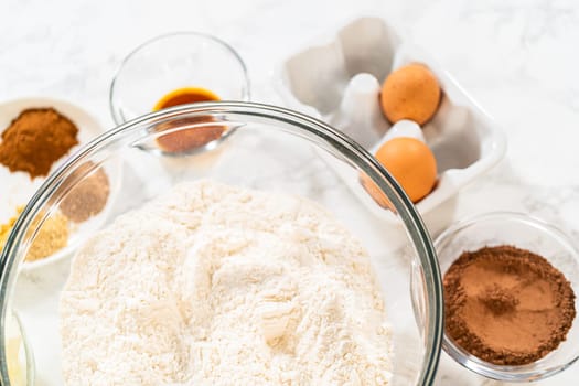 Organized setup of ingredients for Pale Gingerbread Cookies with Subtle Spice Flavor. Central bowl with flour is surrounded by bowls with spices, butter, eggs, and maple syrup.