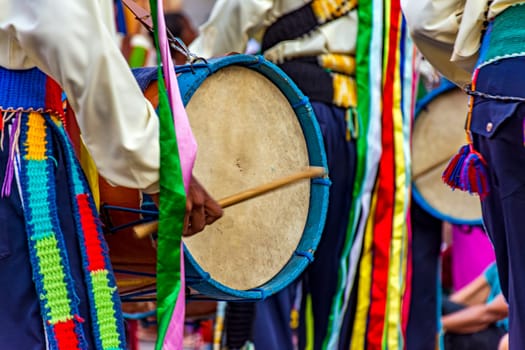 Drums and colorful Congado clothes on the streets of Minas Gerais