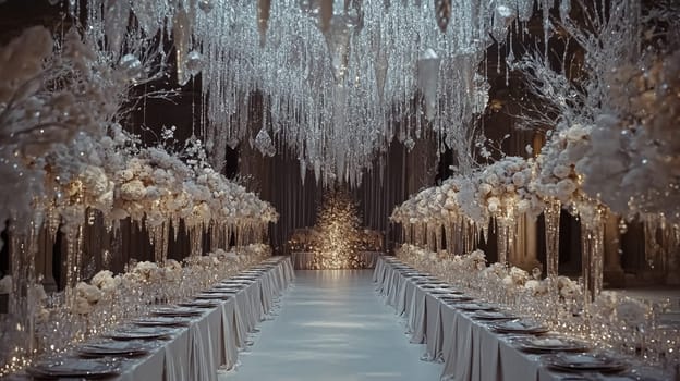 Grand magical winter wedding reception adorned with luxurious decorfation and illumination, creating an enchanting and romantic setting