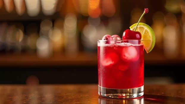Cherry cocktail elegantly presented in a classic glass, set on a wooden bar against a blurred background of bottles and lights. AI generated.