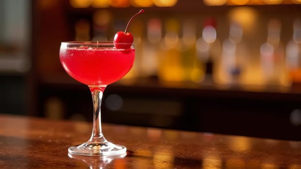 Cherry cocktail elegantly presented in a classic glass, set on a wooden bar against a blurred background of bottles and lights. AI generated.