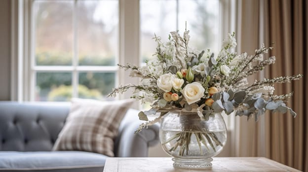 Floral arrangement with winter or early spring botanical plants and flowers idea
