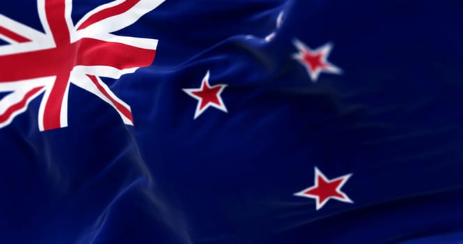 High-resolution 3D render of the New Zealand flag fluttering in the wind. Featuring the Union Jack and Southern Cross, symbol of national identity, heritage and freedom in Oceania.