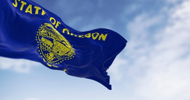 3D render of the Oregon state flag waving in the sky. Featuring the state seal, eagle, and historical symbols. Perfect for themes of freedom, identity, patriotism, and American heritage