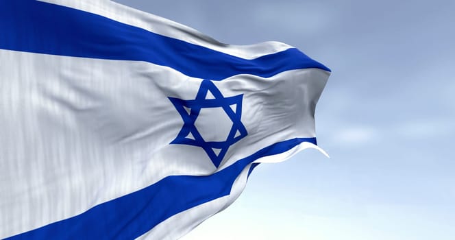 High-resolution 3D render of Israeli national flag fluttering in sky. Star of David as cultural and religious symbol. Concept of identity, patriotism, unity, and freedom
