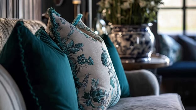 Elegant English interiors, featuring rich fabrics, delicate floral patterns, and timeless decor with a romantic and sophisticated atmosphere