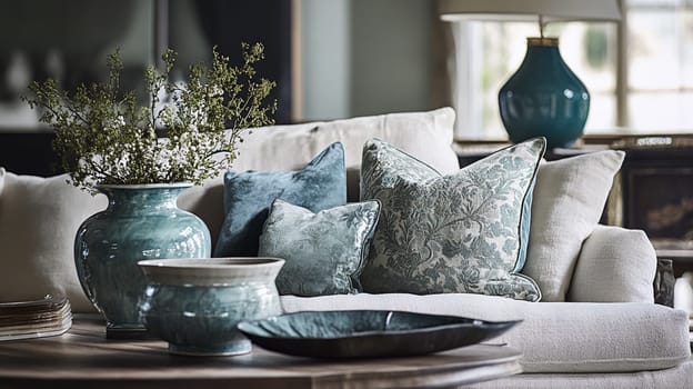 Elegant English interiors, featuring rich fabrics, delicate floral patterns, and timeless decor with a romantic and sophisticated atmosphere