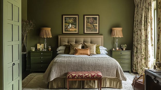 Elegant English interiors, featuring rich fabrics, delicate floral patterns, and timeless decor with a romantic and sophisticated atmosphere